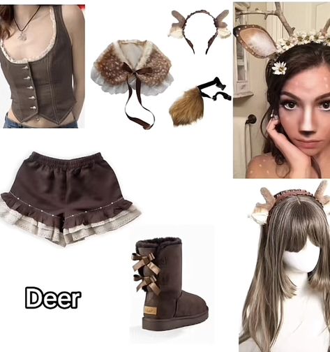 deer costume | coquette costume ideas | halloween costume Thumper Halloween Costume, Deer Outfit Costume, Bambi Costume Halloween, Bambi And Thumper Costume, Winter Costumes Ideas, Innocent Halloween Costumes, Fawn Costume Women, Deer Outfit Halloween Costume Ideas, Brown Hair Costume Ideas Halloween