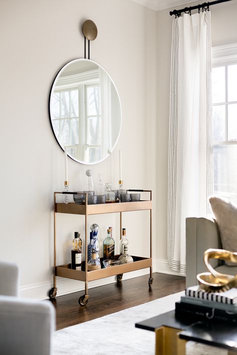 Bar Cart Location, Mirror Above Bar Cart, Bar Cart With Mirror Above, Scandinavian Bar Cart, Minimal Bar Cart, Office Bar Cart, Mini Bar Cart Ideas, Gold Bar Cart Styling, Bar Cart Design