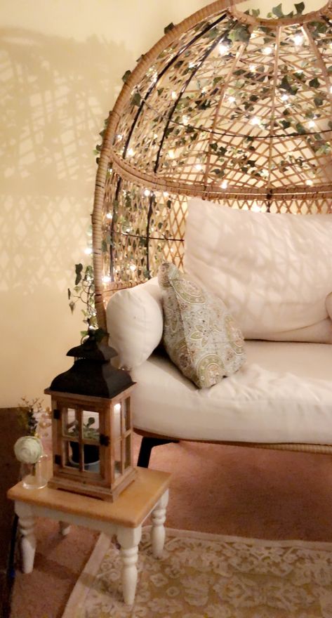 Wicker Egg Chair Bedroom, Basket Chair Bedroom, Egg Chair With Lights, How To Decorate An Egg Chair, Boho Room Chair, Egg Chair With Fairy Lights, Boho Reading Chair, Boho Egg Chair Photoshoot, Egg Chair Corner