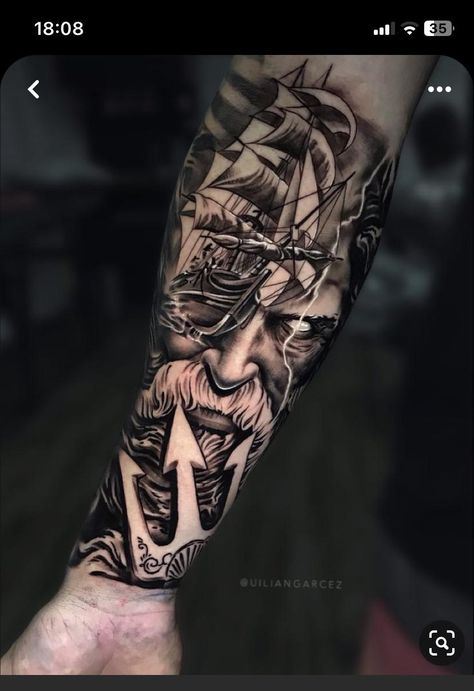 Nordic Warrior, Sugar Skull Wallpaper, Poseidon Tattoo, Chest Tattoo Ideas, Skull Sleeve Tattoos, Skull Sleeve, Cool Arm Tattoos, Nautical Tattoo, Ship Tattoo