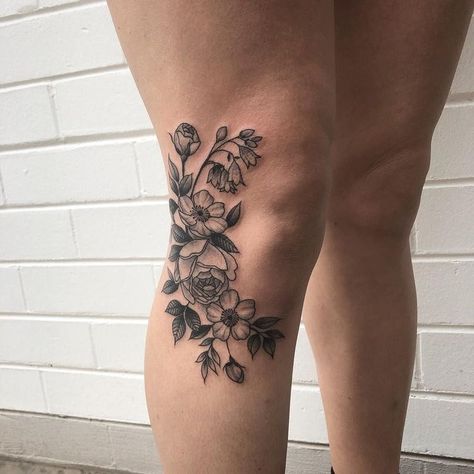 Beside The Knee Tattoo, Flower Tattoos Knee, Flowers On Knee Tattoo, Knee Placement Tattoo, Leg Tattoos Knee, Knee Cuff Tattoo, Flower Under Knee Tattoo, Color Knee Tattoo, Floral Cluster Tattoo