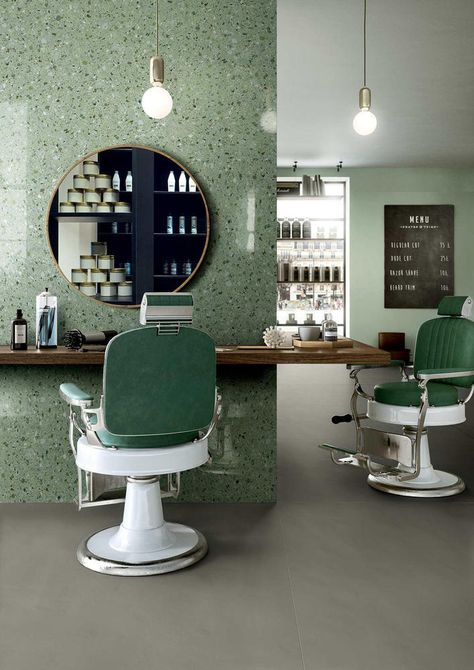 Gallery of Color Beyond Aesthetics: The Psychology of Green in Interior Spaces - 5 Hair Salon Design, Interior Design Pictures, Vintage Interior Design, Large Format Tile, Salon Interior Design, Spa Design, Design Del Prodotto, Vintage Interiors, Furniture Layout