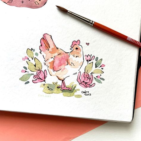 Simple Watercolor Illustration, Easy Watercolor Illustration, Watercolour Illustration Art, Cute Chicken Illustration, Chicken Cute Art, Spring Watercolor Ideas, Cute Watercolour Ideas, Watercolor Design Ideas, Watercolor Sketchbook Journal Ideas