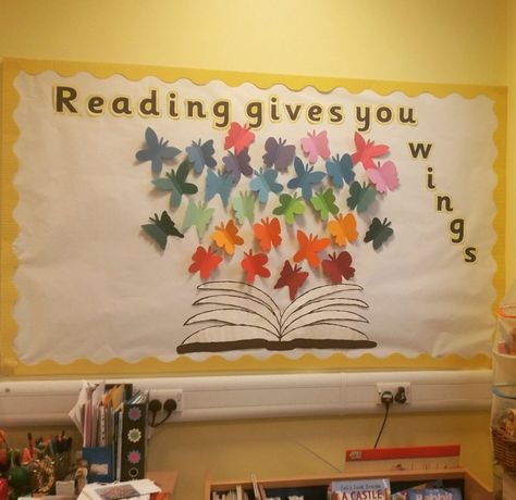 Bulleting Board idea: Reading gives you wings                                                                                                                                                                                 More Reading Corner Classroom, Reading Display, Reading Boards, Reading Bulletin Boards, Bored Teachers, Library Book Displays, Library Bulletin Boards, Back To School Bulletin Boards, School Displays