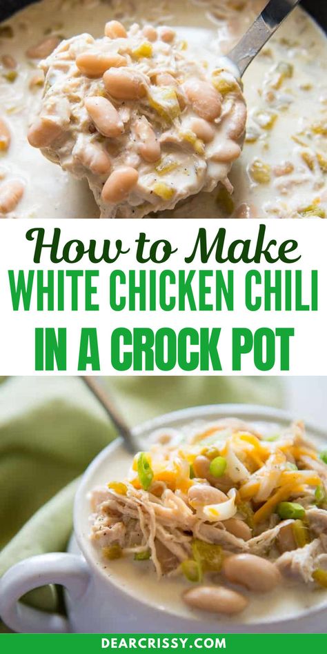 Learn How to Make White Chicken Chili in a Crock Pot. Tender chicken breasts meld with a hearty blend of beans, green chiles, and savory spices for a comforting meal. Simply set it and forget it while the flavors develop. Finish with sour cream for a creamy touch. Perfect for busy weeknights or cozy gatherings! Easy Crockpot Chicken Chili Recipe, White Bean Chicken Chili Slow Cooker, White Bean Chicken Chili Crockpot, Crock Pot White Chicken Chili, White Chicken Chili Soup, Creamy Chicken Chili, Easy Crockpot Soup, White Chicken Chili Slow Cooker, White Chicken Chili Recipe