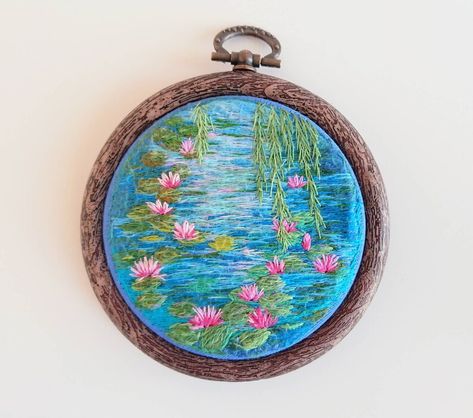 Water Lilies Impressionistic Hand Embroidery Claude Monet - Etsy Embroidery Water, Learning To Embroider, Patchwork Clothes, Lily Painting, Textile Art Embroidery, Monet Art, Embroidered Art, Brazilian Embroidery, Thread Painting