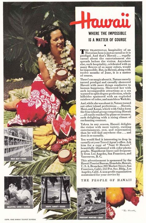 Tourism Ads, Travel Ads, Vintage Hawaii, Old Ads, Vintage Hawaiian, Island Style, Magazine Ads, Print Ad, Travel And Tourism