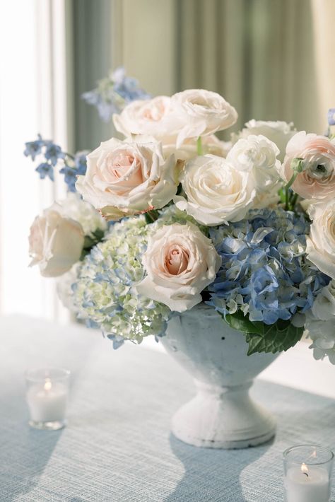 Portfolio Peach And Blue Wedding Centerpieces, Light Blue And Blush Pink Wedding, Rose And Blue Wedding, Pink And Blue Flower Arrangements, Blue Hydrangea Bridal Bouquet, Pastel Centerpieces, July Wedding Colors, Soft Blue Wedding, Blue Hydrangea Bouquet