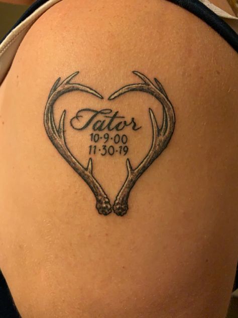 Memorial Fishing Tattoos, Buck Tattoo Design, Deer Memorial Tattoo, Antler Heart Tattoo, Granddad Tattoo, Hunting Tattoos For Women, Deer Antler Tattoo With Flowers, Lost Loved Ones Tattoo, Cutest Tattoos