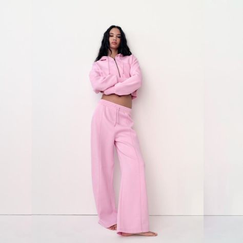 Zara | New! | Nwt (Both Pieces Are Nwt) Bubblegum Pink Sweatsuit | Coord | 2 Piece Set | Pants Set Jacket | Hoodie W/ Pockets | Front Zip | Cropped | Long Sleeves Pants | High Waisted | High Rise | Drawstring Waist | Elastic Waistline | Wide Leg Tik Tok Viral | Barbiecore | Feminine | Girly | Sporty | Cozy | Comfort | Loungewear Soft Life | Airport Chic | Y2k Women's Size Small Jacket: 18 Pit To Pit | 18 Length Pants: 13.5-18.5 Waist | 14.5 Front Rise | 28 Inseam Pink Sweatsuit, Pink Pants Outfit, Tik Tok Viral, Winter Pants Outfit, Grey Denim Jeans, Pink Joggers, Balloon Pants, Zara Jumpsuit, Tracksuit Jacket