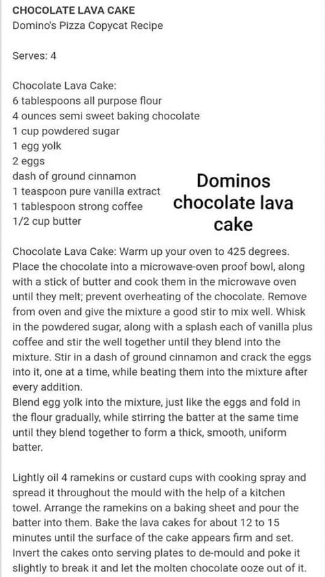 Chocolate Chip Cookie Lava Cake, Dominoes Lava Cake Recipe, Dominos Lava Crunch Cake Recipe, Dominos Lava Cake Copycat, Lava Cake Dominos, Dominos Recipe, Lava Cake Recipe, Lava Cake Recipes, Desserts Ideas