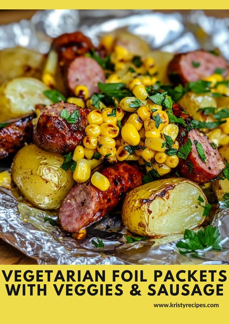 Dinner in a Packet! Enjoy a healthy, hearty meal with these Vegetarian Foil Packets. Loaded with veggies and smoky sausage, they’re a delicious, mess-free dinner option everyone will love! #VeggiePackedMeals #SimpleDinners #HealthyComfortFood Potatoes And Smoked Sausage, Weeknight Dinner Easy, Foil Packet Meals, Hearty Meal, Foil Packets, Dinner Easy, Healthy Comfort Food, Dinner Options, Smoked Sausage