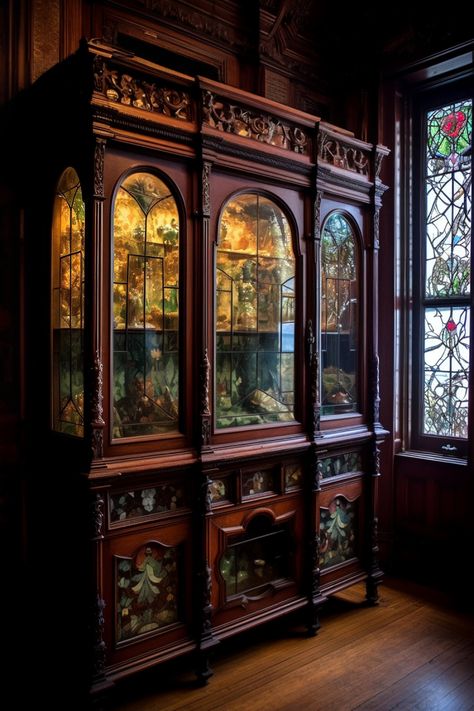 Dark Academia China Cabinet, Victorian Display Cabinet, Dark Wood Closet, Home Apothecary Room, Victorian Cabinets, Window Room Decor, Magical Writing, Magic Cabinet, Victorian Cabinet