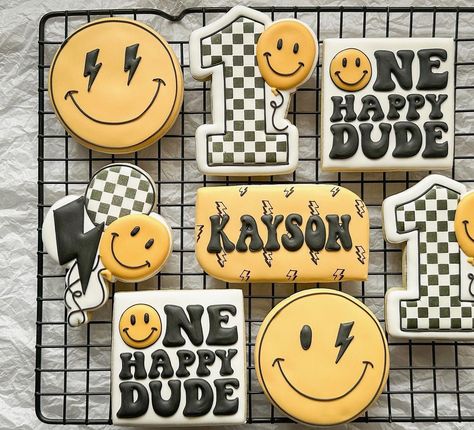 One Happy Dude Birthday Party Ideas with cool decor, games, and favors for a stylish black, white, and yellow celebration! 1 Cool Dude Birthday, One Happy Dude Cookies, Smiley Birthday Theme, One Happy Dude Birthday Party, Dude Birthday Party, One Happy Dude Birthday, Dude Birthday, Dude Food, Baby First Birthday Themes