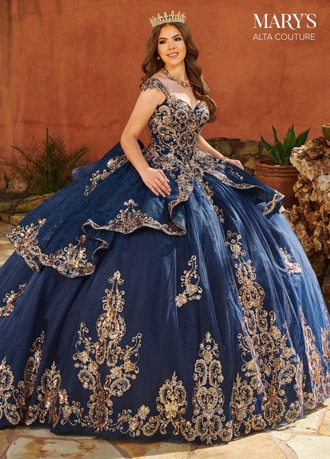 Gold Quince Dress, Navy Blue Quinceanera Dresses, Blue Quince Dress, Royal Blue Quince, Debut Theme, Quince Stuff, Quinceanera Dresses Gold, Quinceanera Themes Dresses, Quinceñera Dresses