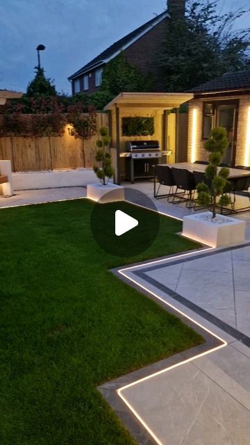 Garden Patio Lighting Ideas, Lights In Backyard Ideas, Slanted Backyard Landscaping, Backyard With Patio, Home Garden Design Modern, Garden Landscaping Ideas Layout, Backyard Remodel Ideas, Simple Backyard, Oasis Backyard Ideas