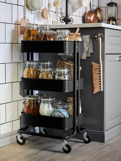 Maximise your pantry space for a decluttered kitchen - IKEA Ikea Raskog Trolley, Ikea Kitchen Cart, Raskog Ikea, College Storage, Ikea Black, Ikea Raskog, Kitchen Island Trolley, Kitchen Trolley, Utility Cart