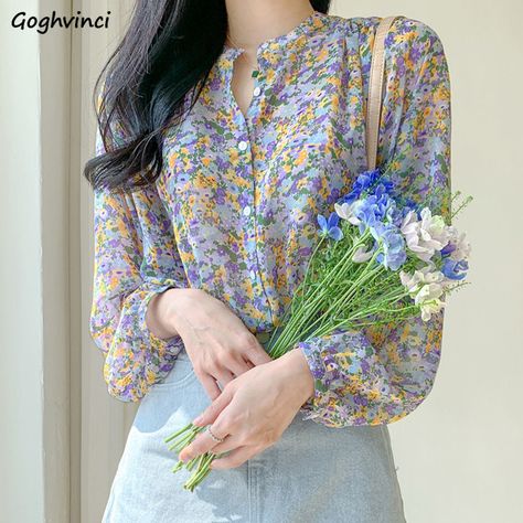 Smarter Shopping, Better Living! Aliexpress.com Korean Shirt, Printed Chiffon Blouse, Winter Blouses, Ladies Chiffon Shirts, Chiffon Tops Blouses, Fashion Stand, Chiffon Fashion, Sweet Floral, Shirts Women