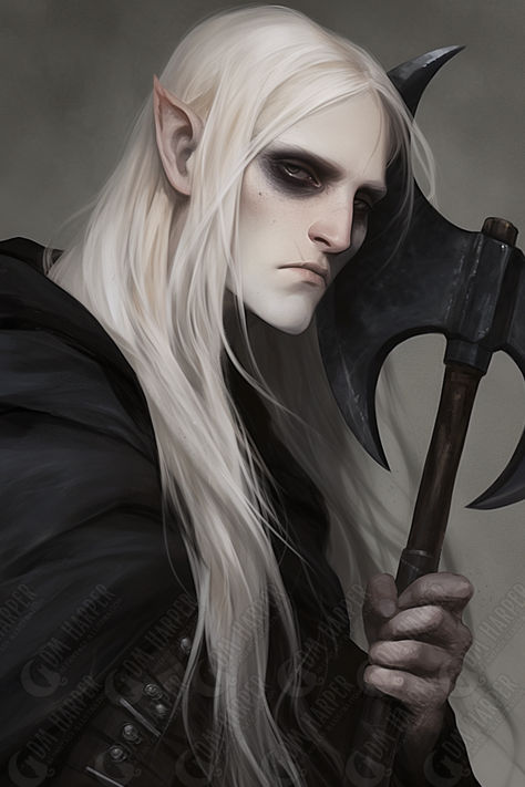 Shadar Kai Barbarian - Path of Wild Magic White Hair Black Tips, Dnd Shadar Kai, Shadar Kai Male, Wild Magic Barbarian, Elf Barbarian, Dnd Encounters, Shadar Kai, Barbarian Dnd, Dnd Portraits