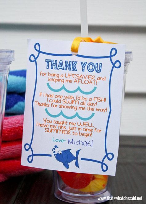 Swim Teacher Thank You Gift Free Printable at thatswhatchesaid.net Lifeguard Gifts, Swim Teacher Gifts, Teachers Presents, Swim Teacher, Swim Team Ideas, Swimming Teacher, Swim Coach Gifts, Swim Team Gifts, Coach Gift Ideas