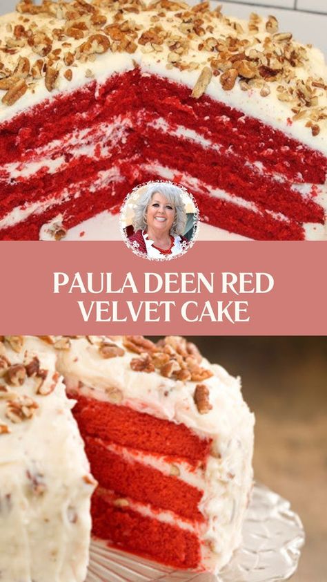 Paula Deen’s Red Velvet Cake is made with butter, cream cheese, buttermilk, cocoa, red food coloring, sugar, eggs, flour, baking soda, vinegar, vanilla extract, melted marshmallows, shredded coconut, and chopped pecans. This traditional Red Velvet Cake recipe creates a delicious dessert that takes about 1 hour to prepare and can serve up to 12 people. Red Velvet Cake 3 Layers, Martha Stewart Red Velvet Cake, Red Velvet Cake Homemade, Paula Deen Christmas Recipes, Red Velvet Cake With Pecans, Red Velvet Bundt Cake With Cream Cheese, Paula Deen Red Velvet Cake Recipe, Redvelvet Cake Recipe, Old Fashioned Red Velvet Cake Recipe