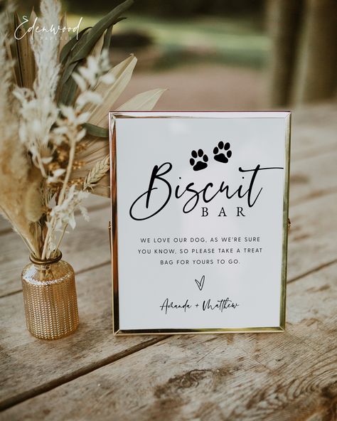 Wedding Biscuit Bar Sign Template Purchase, personalize, and print within minutes! Edit using the Templett app in your computer browser - no additional software needed! Please try demo and seek clarification before purchasing the template. FREE DEMO https://templett.com/design/demo/edenwoodpaperie/21136242,21136737 Copy and paste the link above into your browser to see how easy it is to personalize your template before you purchase. This will not work on tablets or mobile devices.   MATCHING ITE Dog Treat Wedding Sign, Dog Treat Favors Wedding, Dogs In Weddings Ideas, Biscuit Bar Wedding, Wedding Dog Treats, Biscuit Bar Wedding Dog, Dog Treat Wedding Favors, Dog Incorporated In Wedding, Easy Wedding Favors