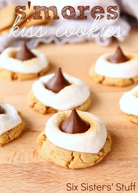 Cookies Smores, Kiss Cookie Recipe, Blackberry Muffin, Hershey Kiss Cookies, Kiss Cookies, Smores Cookies, Hershey Kiss, Cookie Cups, Thumbprint Cookies