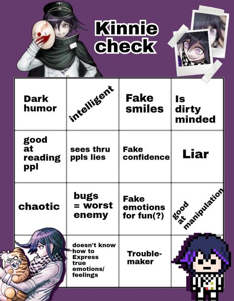 Kokichi Oma Kinnie Bingo, Kiibo Kinnie Bingo, Shuichi Kinnie Bingo, Kokichi Kinnie Bingo, Danganronpa Kinnie Bingo, Kokichi Kinnie, Kinnie Callouts, Kinnie Check, Kokichi X Shuichi