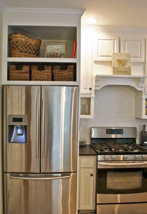 As you can see, it isn’t too hard to fit cabinets around the refrigerator in an efficient way! More decor and other interesting ideas at hackthehut.com Refrigerator Ideas, Refrigerator Cabinet, Casa Country, Fridge Storage, Kitchen Pantry Cabinets, Kitchen Stove, Built In Cabinets, Kitchen Redo, Kitchen Remodel Idea