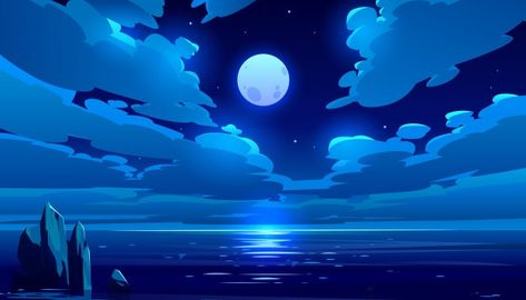 Full moon night ocean cartoon illustrati... | Free Vector #Freepik #freevector #water #star #light #cloud Ocean Cartoon, Moonlight Reflection, Night Ocean, Night Clouds, Ocean At Night, Night Illustration, Scene Background, Full Moon Night, Arte 8 Bits