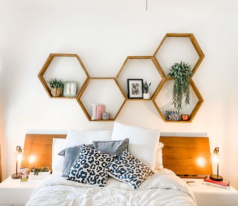 Hexagon Shelves Above Bed, Hexagon Shelves Over Bed, Shelves Above Bed, Shelves Over Bed, Above Bed Shelf, Hexagon Wall Shelves, Hexagon Wall Shelf, Adu Ideas, Shelf Above Bed