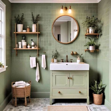 20 Modern Sage Green Bathroom Ideas You Can Copy Sage Green Tiled Bathrooms, Grey Green Bathroom, Mint Green Bathroom Ideas, Bathroom With Green Accents, Green Boho Bathroom, Green Bathroom Inspiration, Olive Green Bathroom, Light Green Bathroom, Sage Green Bathroom Ideas