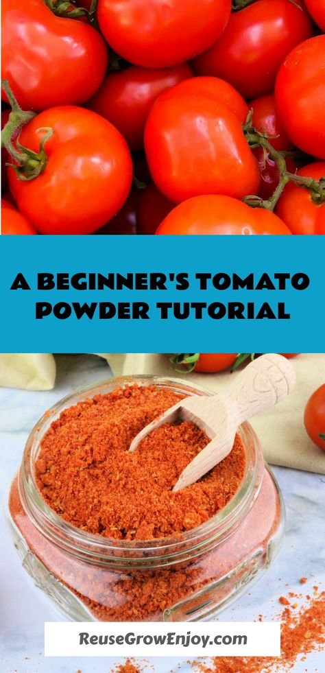 Bright red cherry tomatoes at the top and a jar of rich, red tomato powder with a wooden spoon at the bottom, indicating a tutorial on making tomato powder. Tomato Powder How To Make, Excess Tomatoes, Roasted Vegetables Seasoning, Tomato Powder, Fresh Tomato Recipes, Homemade Spice Blends, Tomato Season, Money Saving Meals, Powder Recipe