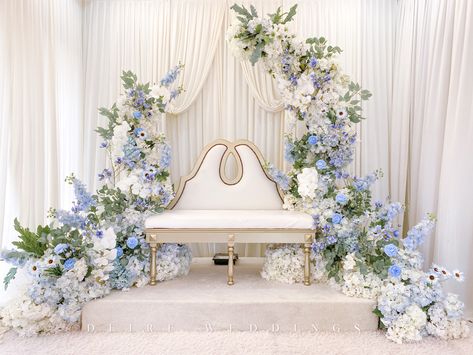 Light Blue Wedding Backdrop, Wedding Stage Simple, Wedding Dais, Pelamin Nikah, Nikah Decor, Bride Groom Table, Wedding Background Decoration, Wedding Reception Backdrop, Wedding Stage Design