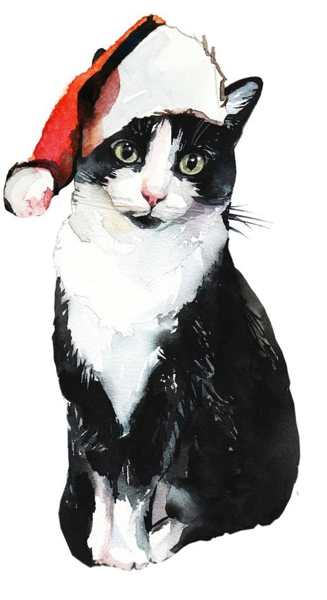 White Cat Christmas, Cat Christmas Cards, Christmas Hats, Cat Christmas Gift, Black And White Cat, Image Cat, Image Chat, Fabulous Christmas, Watercolor Christmas Cards