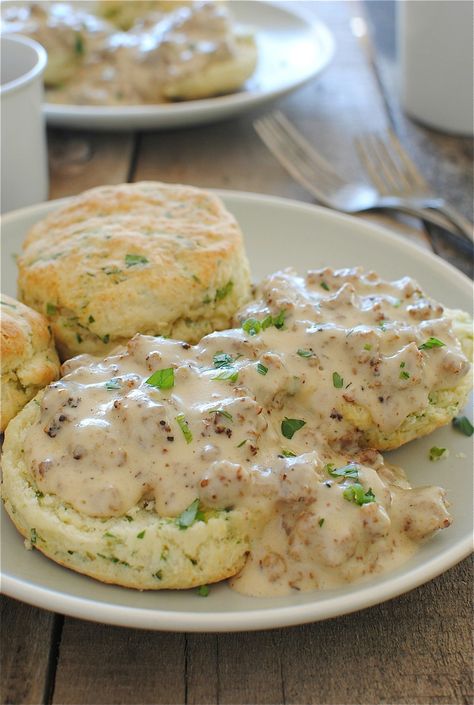 Herbed Buttermilk Biscuits with Sausage Gravy - Makes 4 Servings Herbed Biscuits, Chorizo Gravy, Bev Cooks, Biscuits Gravy, Southern Biscuits, Canned Biscuits, Breakfast And Brunch, Breakfast Sausage, Coarse Salt