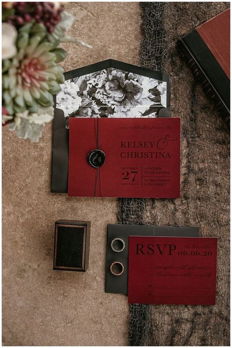 Halloween Styled Shoot, Dark Red Wedding, Dark Romantic Wedding, Vampire Wedding, Black Red Wedding, Dark Wedding Theme, Red Wedding Invitations, Red Wedding Theme, Wedding Styled Shoot