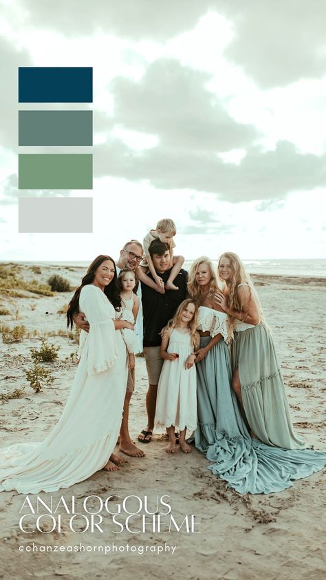 Family Beach Photoshoot Outfits Color Schemes, Family Pictures Beach Colors, Summer Color Pallet Outfits, Sage Green Beach Family Photos, Beach Photos Color Scheme, Summer Family Photoshoot Outfits Color Schemes, Family Photo Outfits Blues And Greens, Beach Family Photos Color Schemes, Beachy Family Photo Outfits