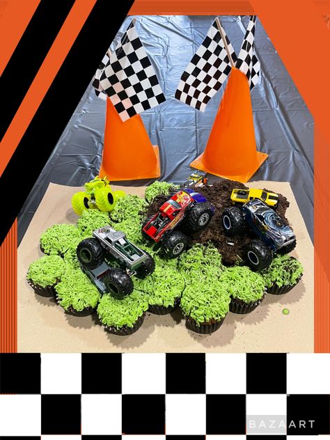 Monster Jam Cupcake Cake, Cupcake Monster Truck, Monster Truck Pull Apart Cupcakes, Monster Truck Birthday Cupcakes, Monster Truck Cupcakes Ideas, Monster Jam Cupcakes, Monster Truck Cupcake Cake, Diy Monster Truck Cake, Truck Cupcake Cake