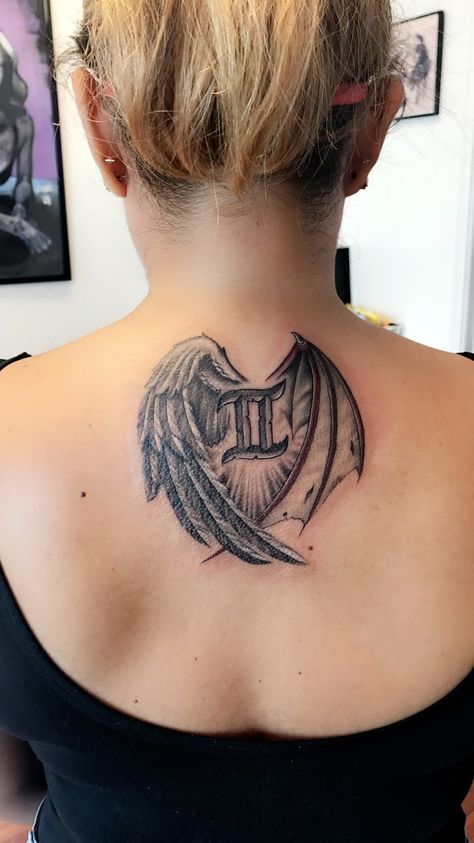 ❤️my gemini tattoo♊️😇😈 Gemini Neck Tattoo, Tattoos For Women Gemini, Gemini Tattoo Twins, Gemini Sign Tattoo, Gemini Tattoos, Angel Devil Tattoo, Alas Tattoo, Gemini Zodiac Tattoos, Gemini Tattoo Designs