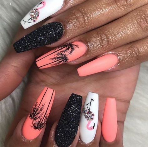 Palm Nails, Palm Tree Nails, Tropical Nails, Tree Nails, Glow Nails, Summer Acrylic Nails, Beach Nails, Coffin Nails Designs, Dream Nails