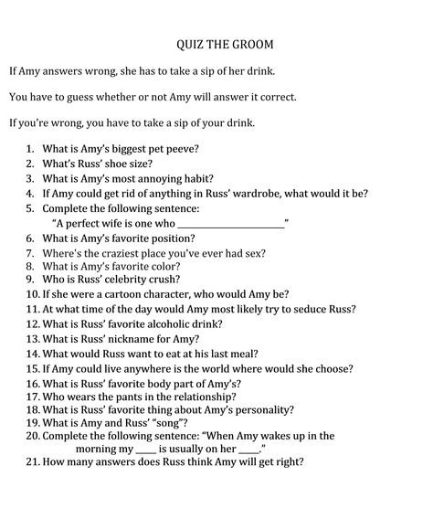 Quiz the Groom questions. Before the bachelorette part, we asked the groom all of these questions then the bride had to guess what he answered. She got 10 right! #quizthegroom #bachelorettepartygames Guess The Grooms Answers, Quiz The Groom Bachelorette Games, What Did The Groom Say About The Bride, Bachelorette Party Quiz For Bride, Bachelorette Ask The Groom Questions, Bachelorette Quiz The Groom, Groom Answers Questions About Bride, Questions For Fiance Bachelorette Party, Quiz The Groom Questions