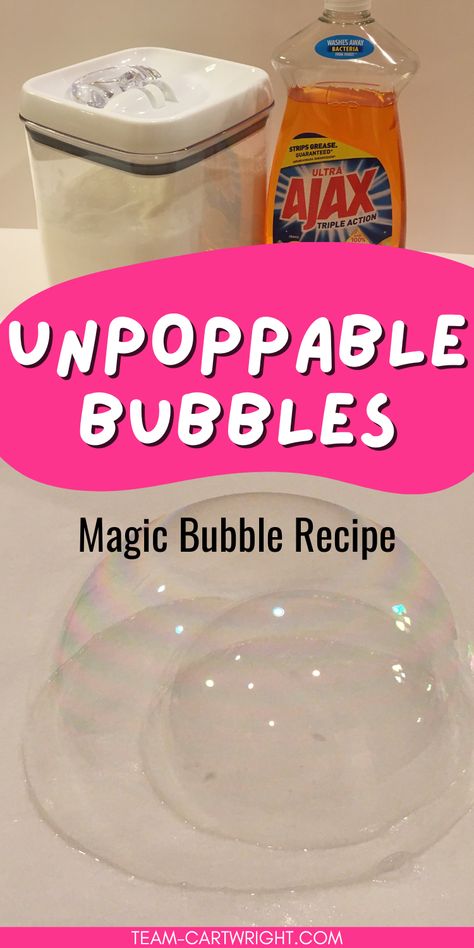 Text: Unpoppable bubbles Magic Bubble Recipe
Top Picture: Cannister of sugar and bottle of orange dish soap
Bottom Picture: bubble blown inside another bubble No Pop Bubbles Recipe, Glycerin Bubble Recipe, Magic Unpoppable Bubbles, Super Bubbles Recipe Homemade, Fun Pre K Crafts, Bubble Solution Recipe Diy, Diy At Home Games For Kids, Stream Activities For Kindergarten, Diy Bubbles For Kids