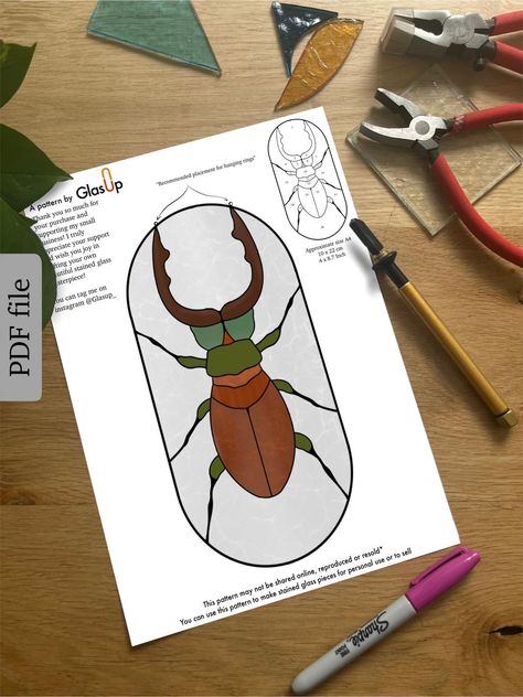 Beetle Pattern, Glass Soldering, Free Mosaic Patterns, Beetle Design, Rhino Beetle, Diy Stained Glass Window, The Stag, Stained Glass Pattern, Stag Beetle