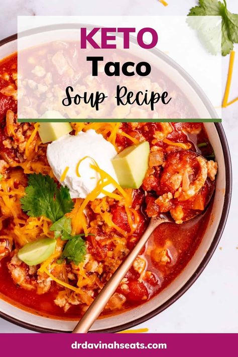 This keto taco soup recipe is an easy and delicious way to warm yourself up on a cold day. It includes 7 simple ingredients and is ready in about 30 minutes. To keep it keto-friendly, this ground turkey taco soup skips things like beans and corn. Serve it with fresh cilantro, guacamole, or your favorite taco toppings for the perfect weeknight dinner that the whole family will enjoy. #recipes #taco #soup #ketorecipes #turkey Keto Taco Soup Recipe Easy, Taco Soup Recipe Keto, Cheesy Taco Soup Recipe Weight Watchers, Keto Taco Soup Ground Beef, Ground Turkey Taco Soup, Healthy Taco Soup, Keto Taco Soup, Turkey Taco Soup, Low Carb Taco Soup