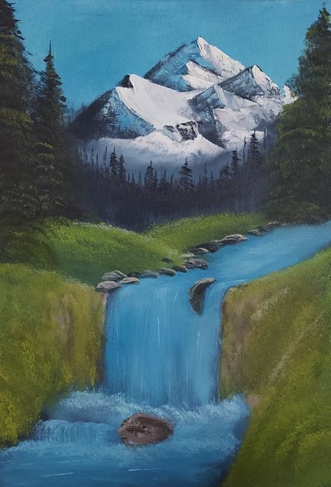 A Bob Ross painting done by Hayanse Bob Ross Waterfall Paintings, Bob Ross Landscape Paintings, Bob Ross Mountains, Bob Ross Paintings Tutorials Easy, Painting Bob Ross, Bob Ross Landscape, Bob Ross Art, Art Homework, Bob Ross Paintings