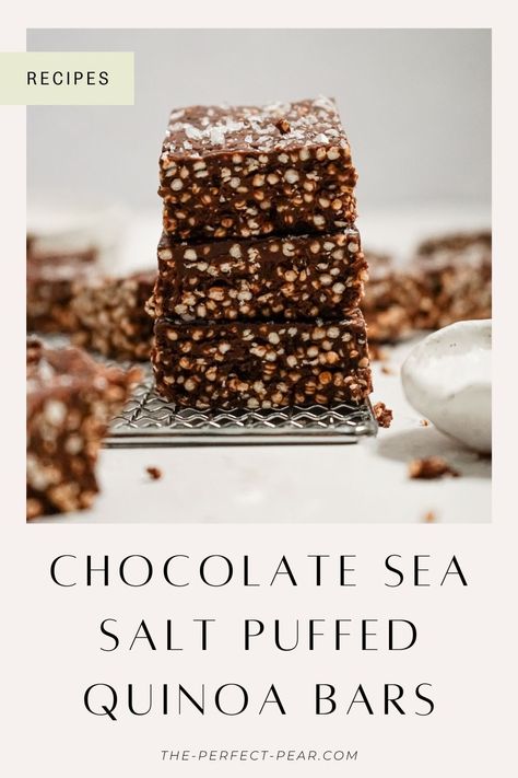 Chocolate sea salt puffed quinoa bars are the ideal combination of sweet and salty: rich dark chocolate, crispy quinoa, sweet honey, and a hint of sea salt. They're easy to whip up whenever you want a healthier treat! #chocolateseasalt #puffedquinoa #puffedquinoabars #healthysnacks #easysnacks #chocolaterecipes Puffed Quinoa Bars Healthy, Puffed Quinoa Crispy Treats, Puffed Quinoa Chocolate, Chocolate Quinoa Crunch Bars, Dark Chocolate Quinoa Crisps, Puffed Quinoa Bars, Quinoa Puffs Recipes, Quinoa Chocolate Crisps, Quinoa Bars