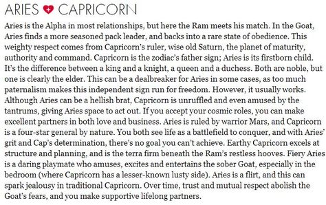 We are amazing together in every way! I met my match and you're all man,  you big hearted beast!  Those tantrums?  Hahaha.... The cutest ever!  Let's see.... patience grass Hopper! Aries Relationship, Capricorn Relationships, Aries Compatibility, Capricorn Compatibility, Capricorn Woman, Aries And Capricorn, Aries Baby, Relationship Compatibility, Capricorn Traits