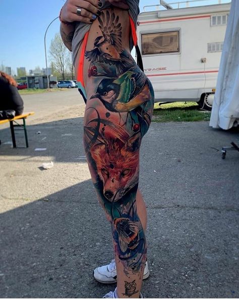 Nature Leg Sleeve Women, Colorful Leg Tattoos For Women, Leg Tattoos Women Color, Women Full Leg Tattoo, Animal Leg Tattoos, Colorful Leg Tattoos, Nature Thigh Tattoo, Womens Leg Sleeve, Best Leg Tattoos For Women