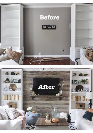 Wall Behind Tv, Pallet Accent Wall, Budget Friendly Living Room, Ideas Habitaciones, Diy Pallet Wall, Trendy Living Rooms, Living Room Tv Wall, Diy Furniture Projects, Living Room Makeover